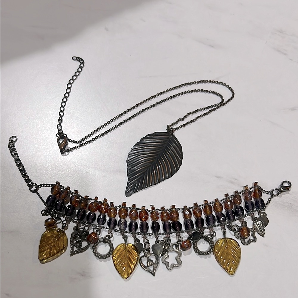 Unique Leaf Pendant Necklace and Charm Bracelet